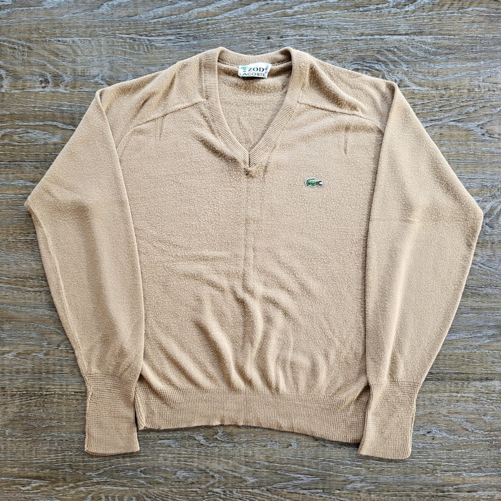 Vintage Izod Lacoste V-Neck Sweater Camel Tan Orlon Acrylic ILGWU USA Large